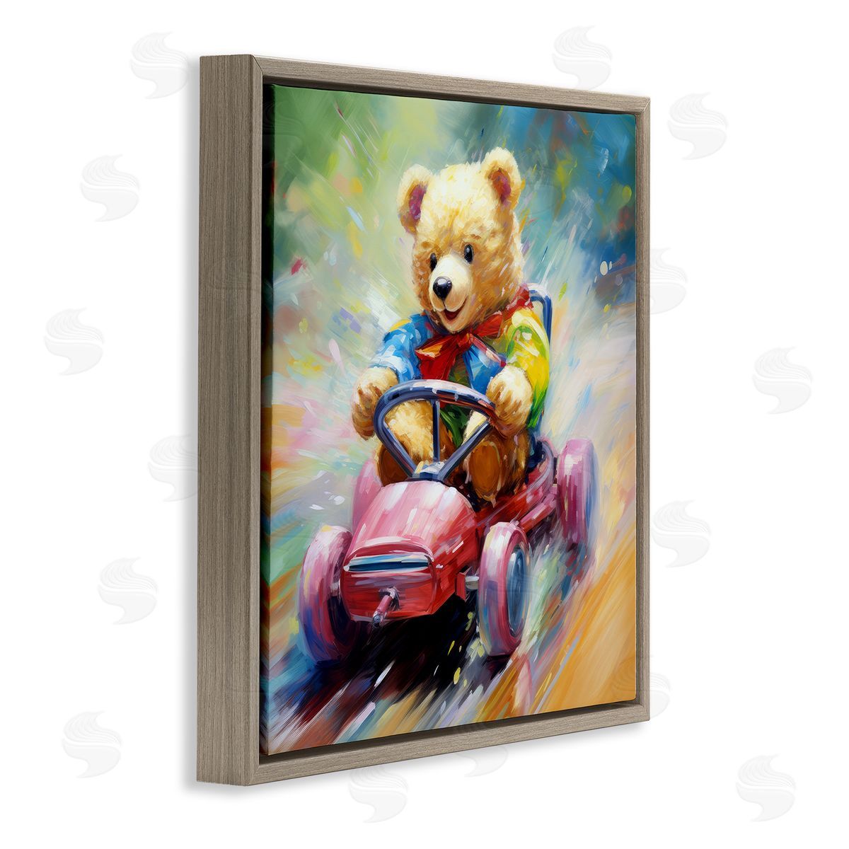 Teddy Bear on Go Kart Brown Floating Frame Canvas Wall Art, Home Decor by Ray Powers