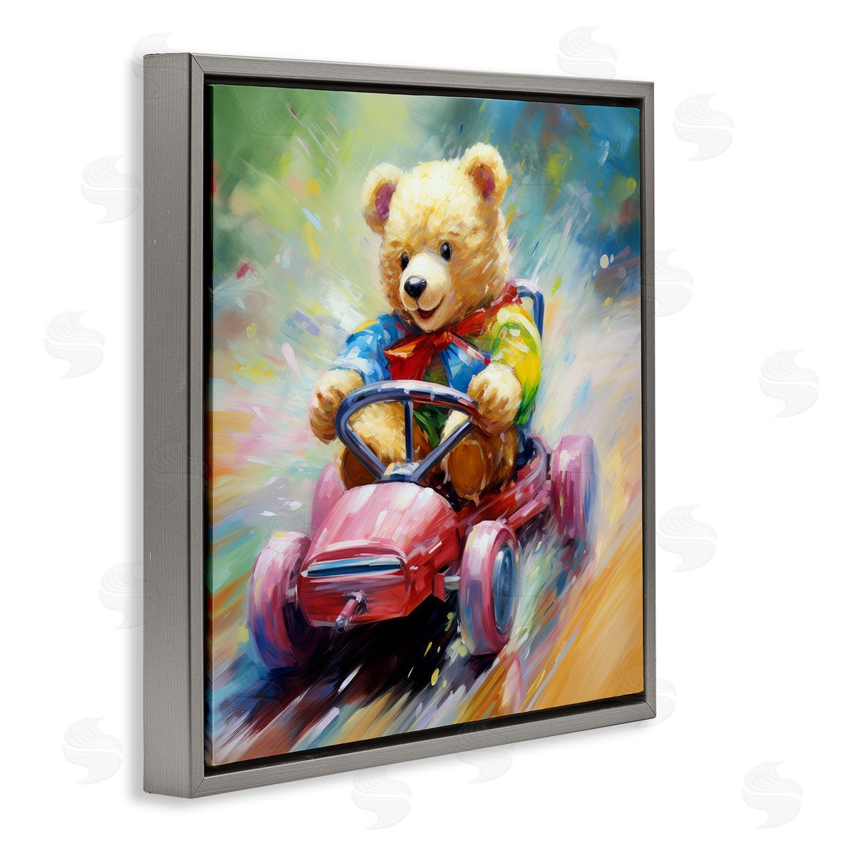Teddy Bear on Go Kart Grey Floating Frame Canvas Wall Art, Home Decor by Ray Powers