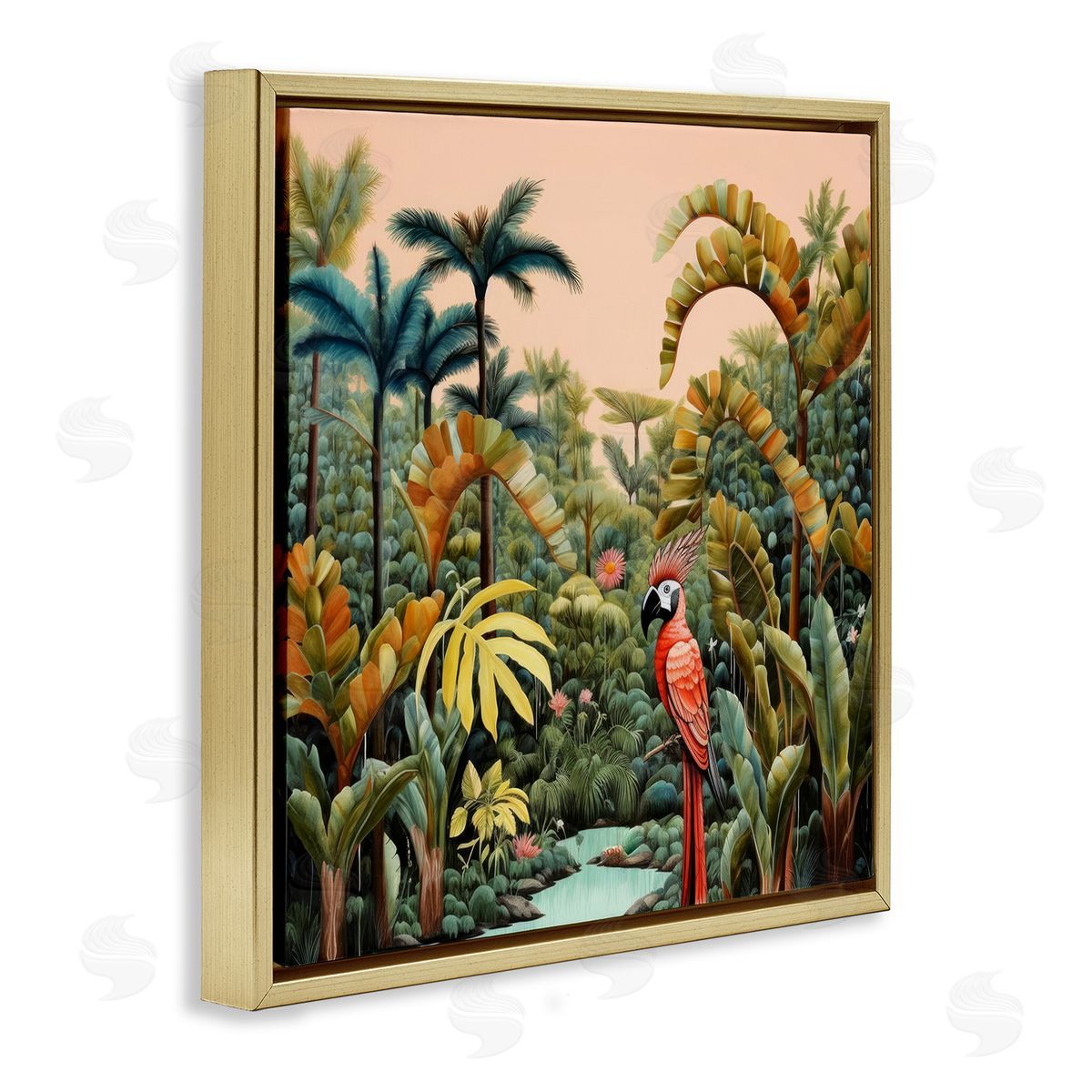 Parrot in Tropical Vegetation Gold Floating Frame Canvas Wall Art, Home Decor by Lazar Studio