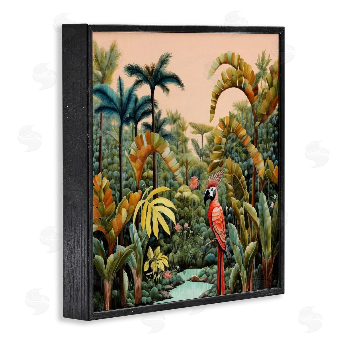 Parrot in Tropical Vegetation Black Frame Print Wall Art, Home Decor by Lazar Studio