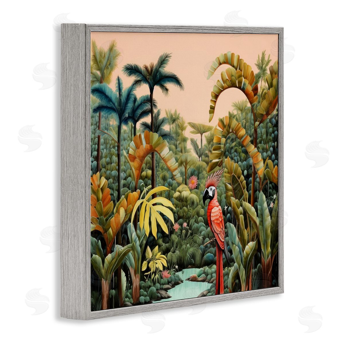 Parrot in Tropical Vegetation Grey Frame Print Wall Art, Home Decor by Lazar Studio