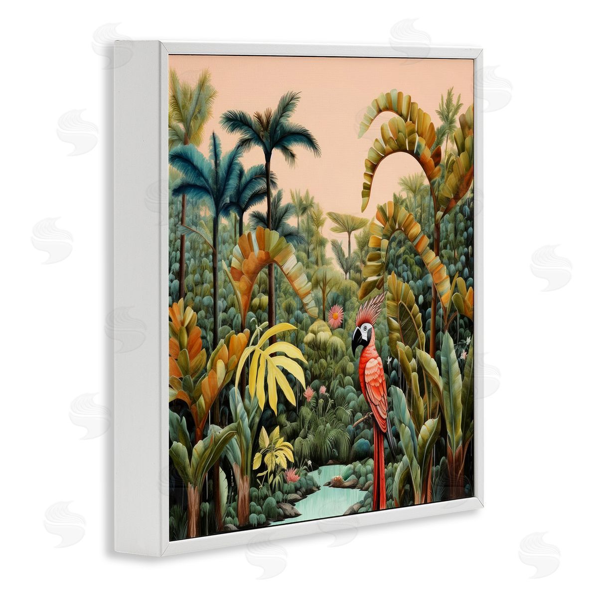 Parrot in Tropical Vegetation White Frame Print Wall Art, Home Decor by Lazar Studio