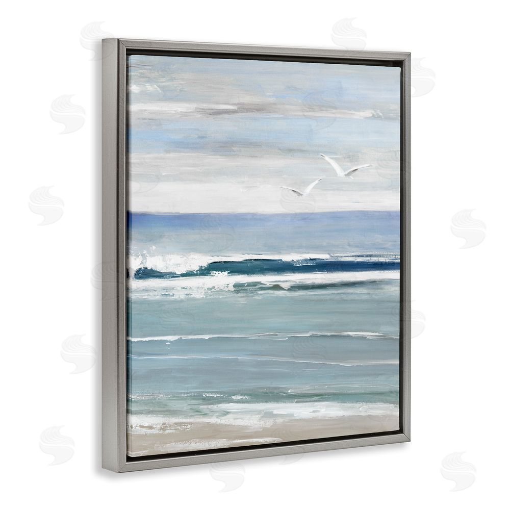Sally Swatland Seagulls Over Shore Grey Floating Frame Canvas Wall Art Print