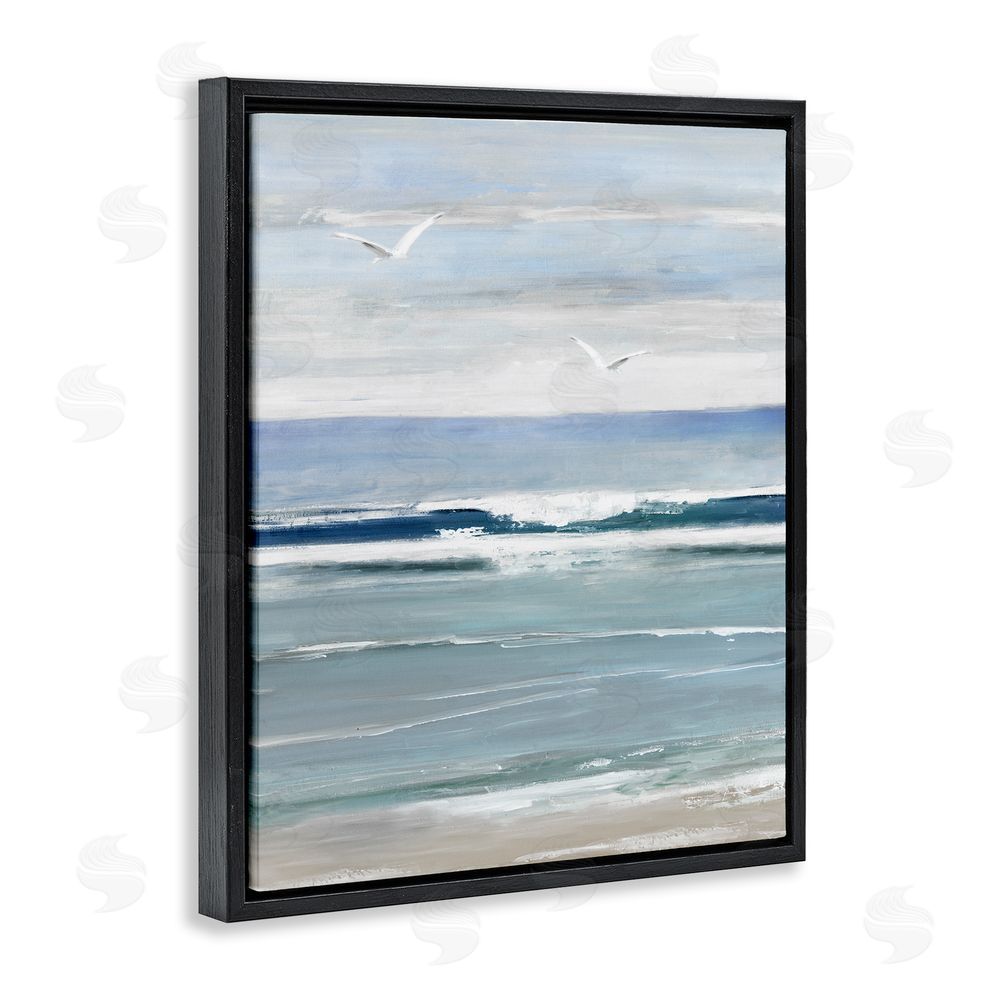 Sally Swatland Rolling Waves & Seagulls Black Floating Frame Canvas Wall Art Print