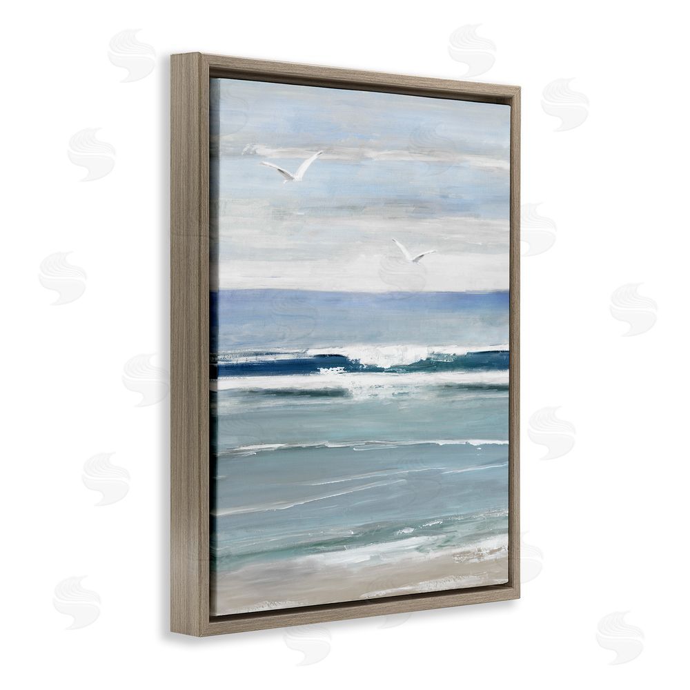 Sally Swatland Rolling Waves & Seagulls Brown Floating Frame Canvas Wall Art Print