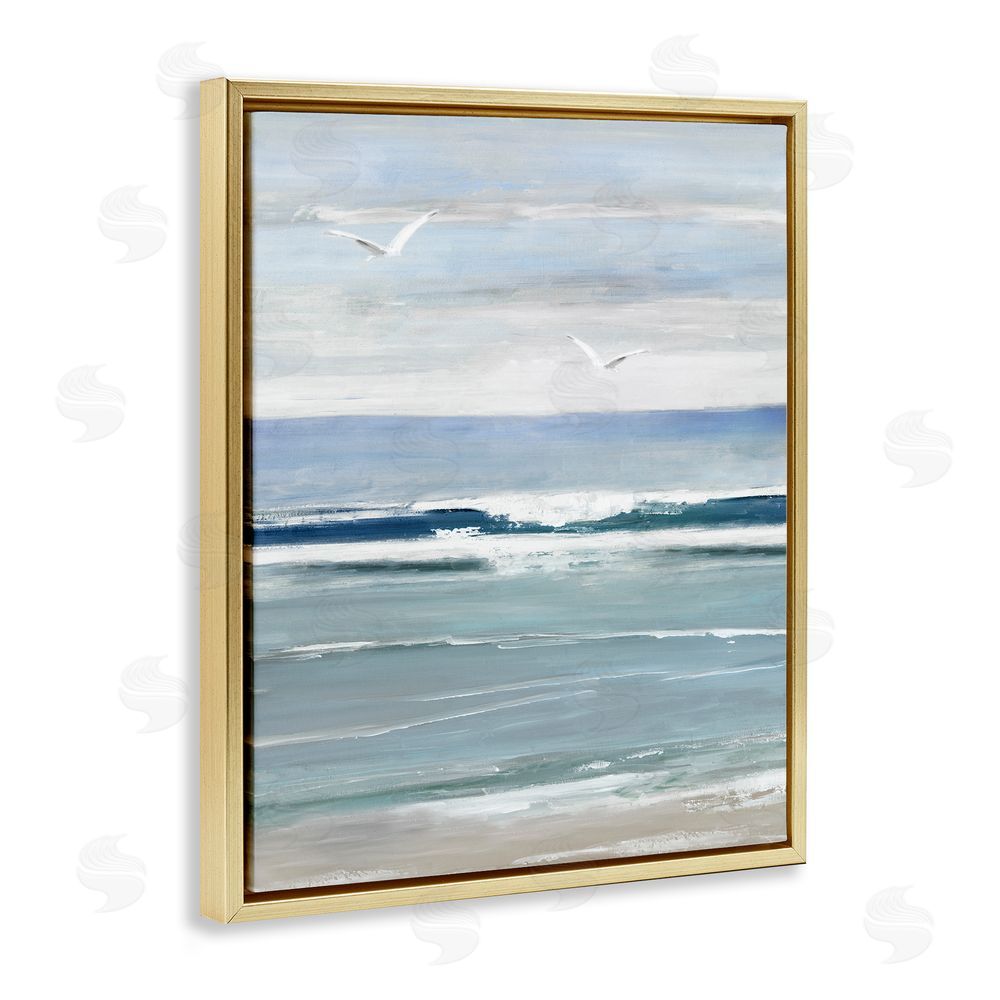 Sally Swatland Rolling Waves & Seagulls Gold Floating Frame Canvas Wall Art Print