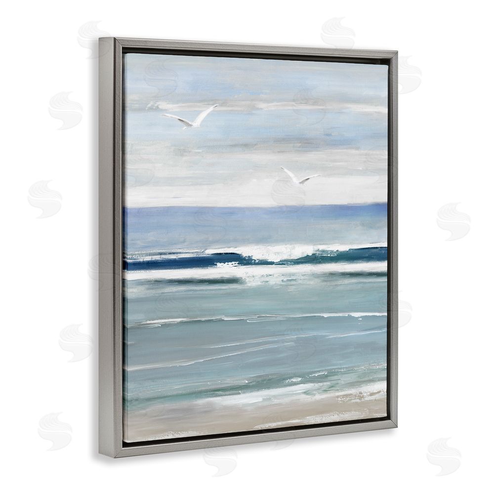 Sally Swatland Rolling Waves & Seagulls Grey Floating Frame Canvas Wall Art Print