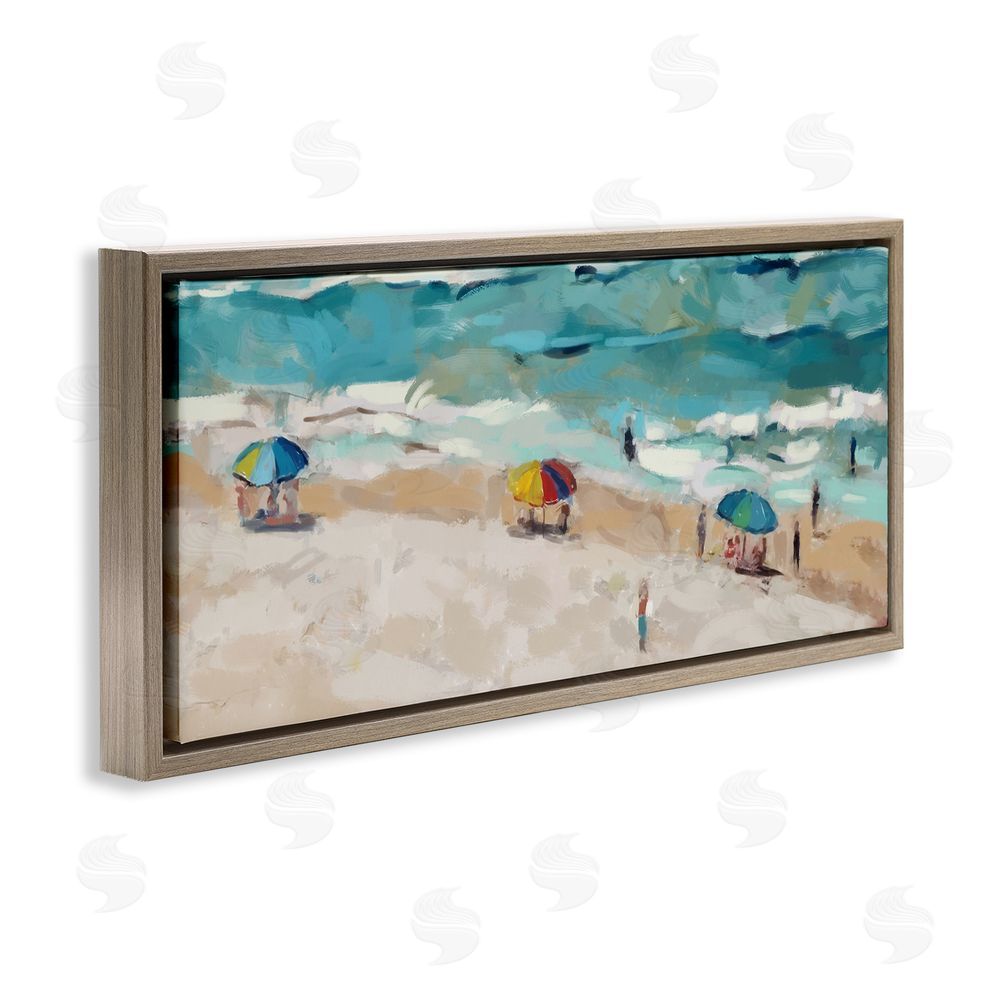 Ziwei Li Summer Beachgoers on Shore Brown Floating Frame Canvas Wall Art Print