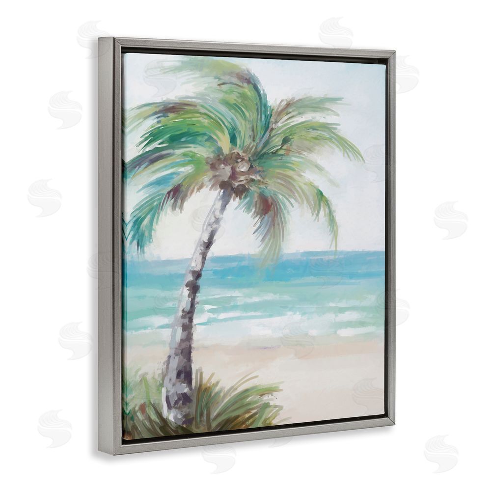 Ziwei Li Soft Palm Tree on Beach Grey Floating Frame Canvas Wall Art Print