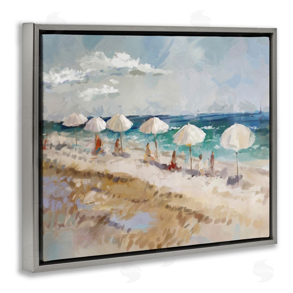 Ziwei Li Abstract People Beach Umbrellas Grey Floating Frame Canvas Wall Art Print