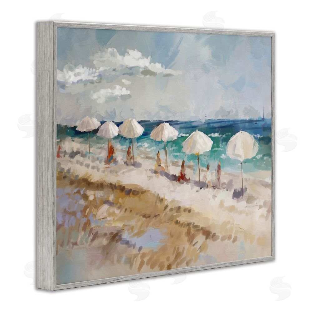 Ziwei Li Abstract People Beach Umbrellas Gray Framed Giclee Wall Art Print