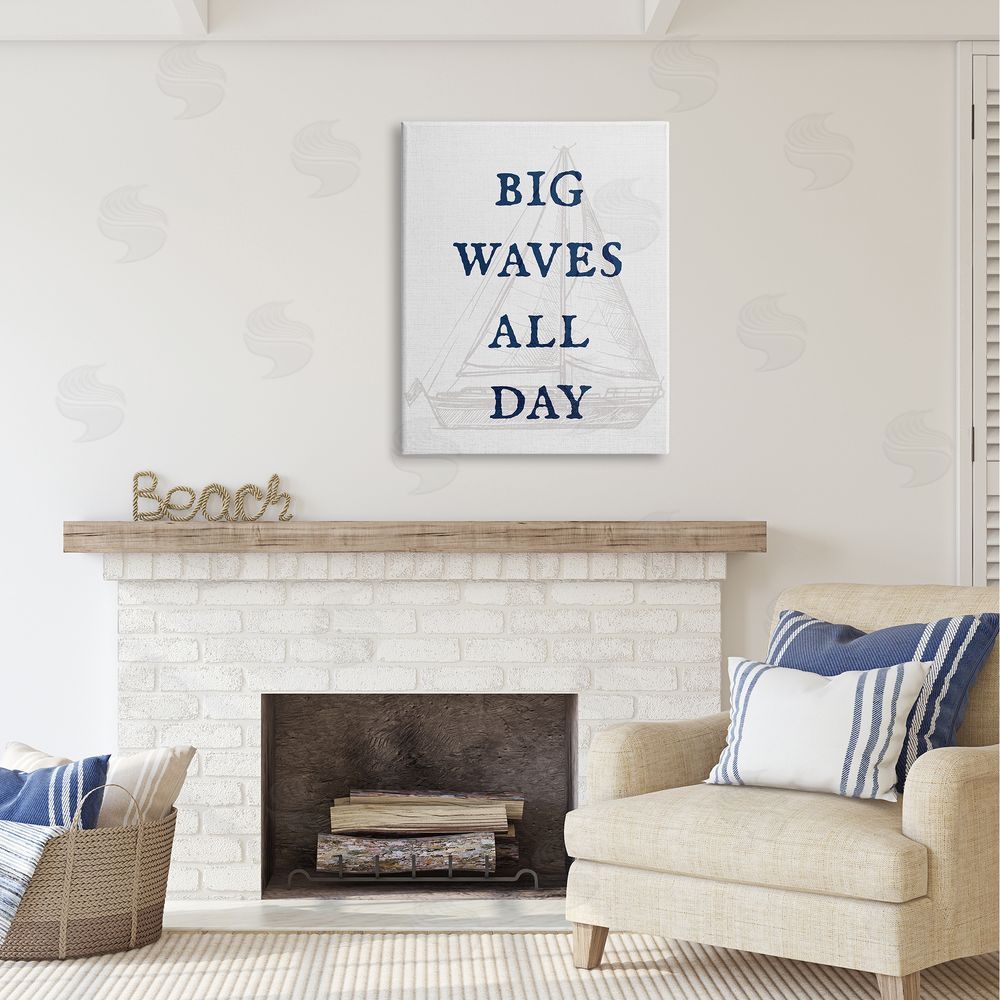 Stupell Studio Big Waves Nautical Phrase Canvas Wall Art Print in Room