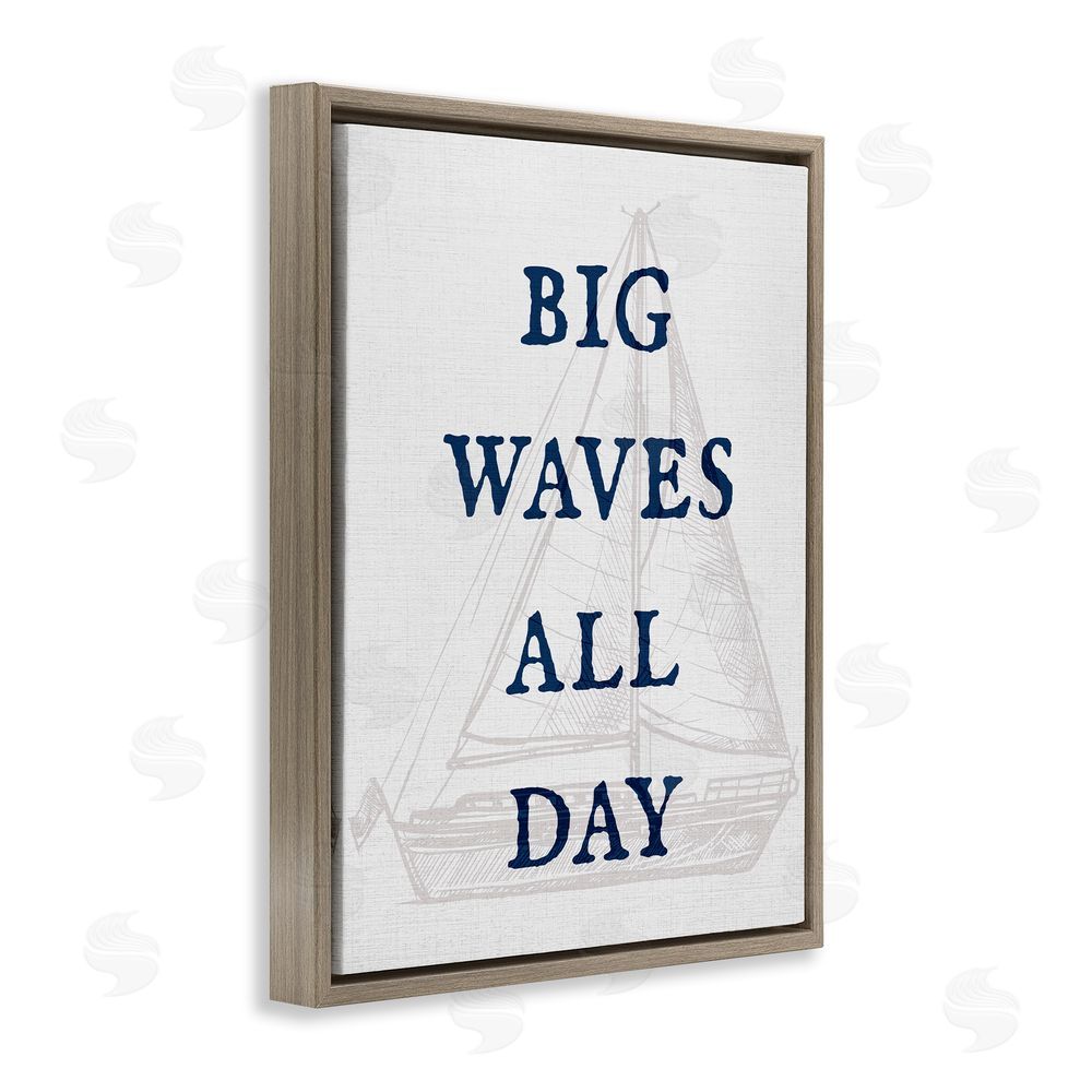 Stupell Studio Big Waves Nautical Phrase Brown Floating Frame Canvas Wall Art Print