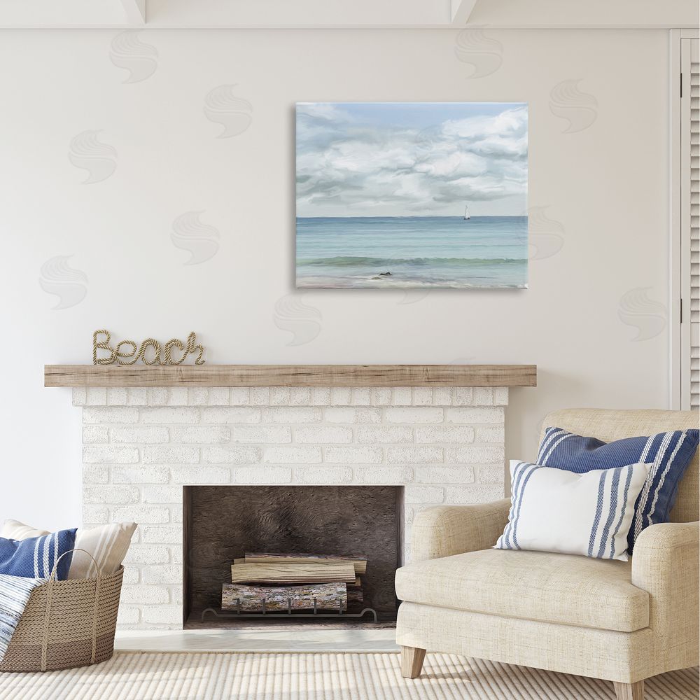 Ramona Murdock Distant Sailboat Cloudy Shore Canvas Wall Art Print in Room