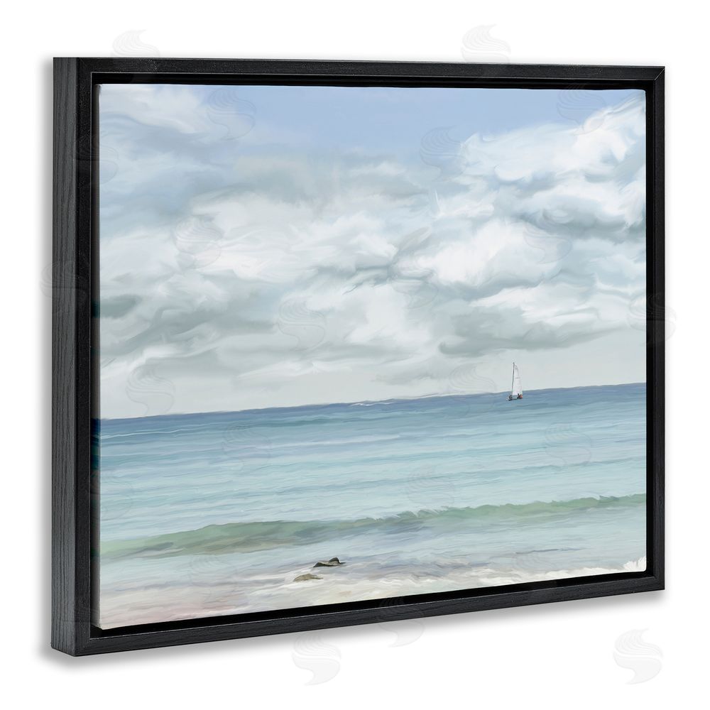 Ramona Murdock Distant Sailboat Cloudy Shore Black Floating Frame Canvas Wall Art Print