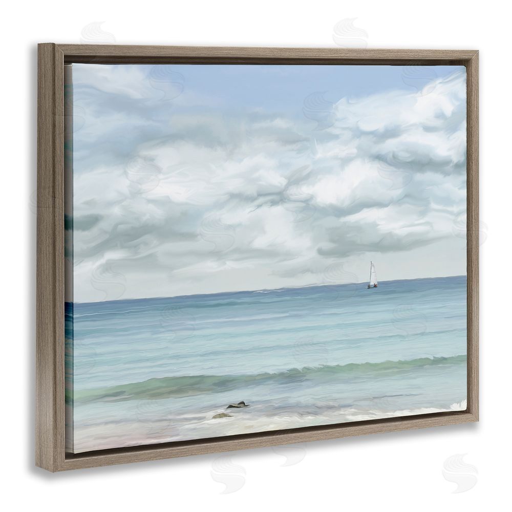 Ramona Murdock Distant Sailboat Cloudy Shore Brown Floating Frame Canvas Wall Art Print