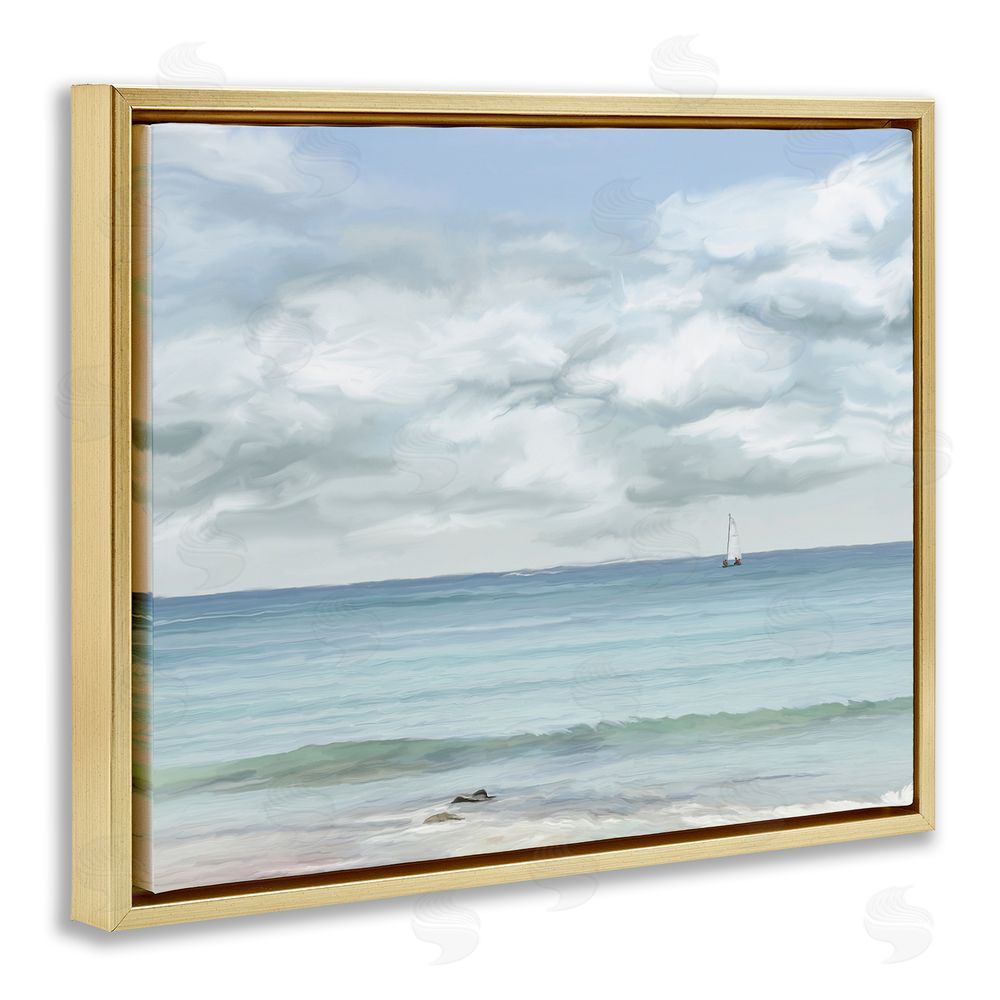 Ramona Murdock Distant Sailboat Cloudy Shore Gold Floating Frame Canvas Wall Art Print