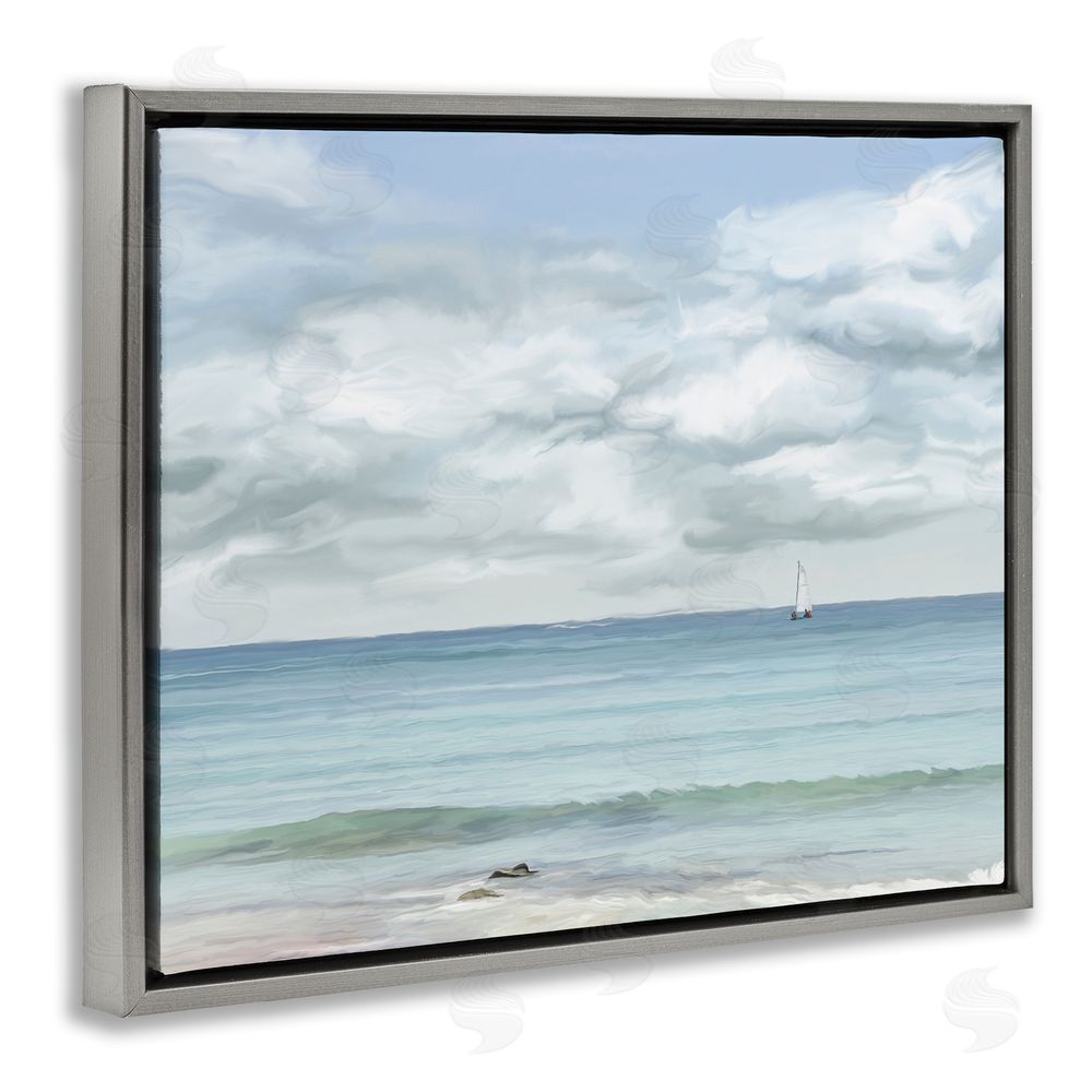 Ramona Murdock Distant Sailboat Cloudy Shore Grey Floating Frame Canvas Wall Art Print