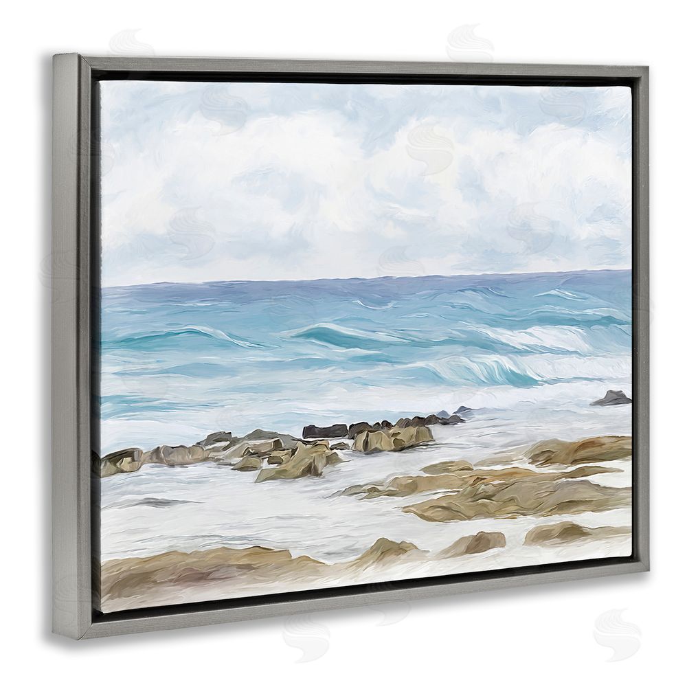 Ramona Murdock Rocky Shore Beach Waves Grey Floating Frame Canvas Wall Art Print