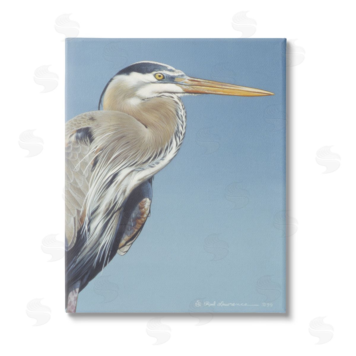 Rod Lawrence Heron Portrait on Blue Stretched Canvas Wall Art Print