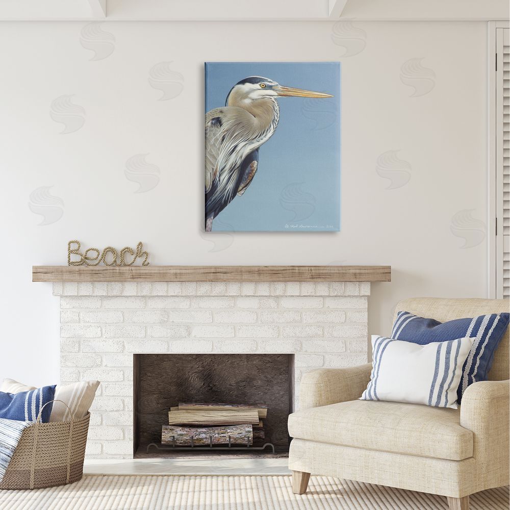 Rod Lawrence Heron Portrait on Blue Canvas Wall Art Print in Room