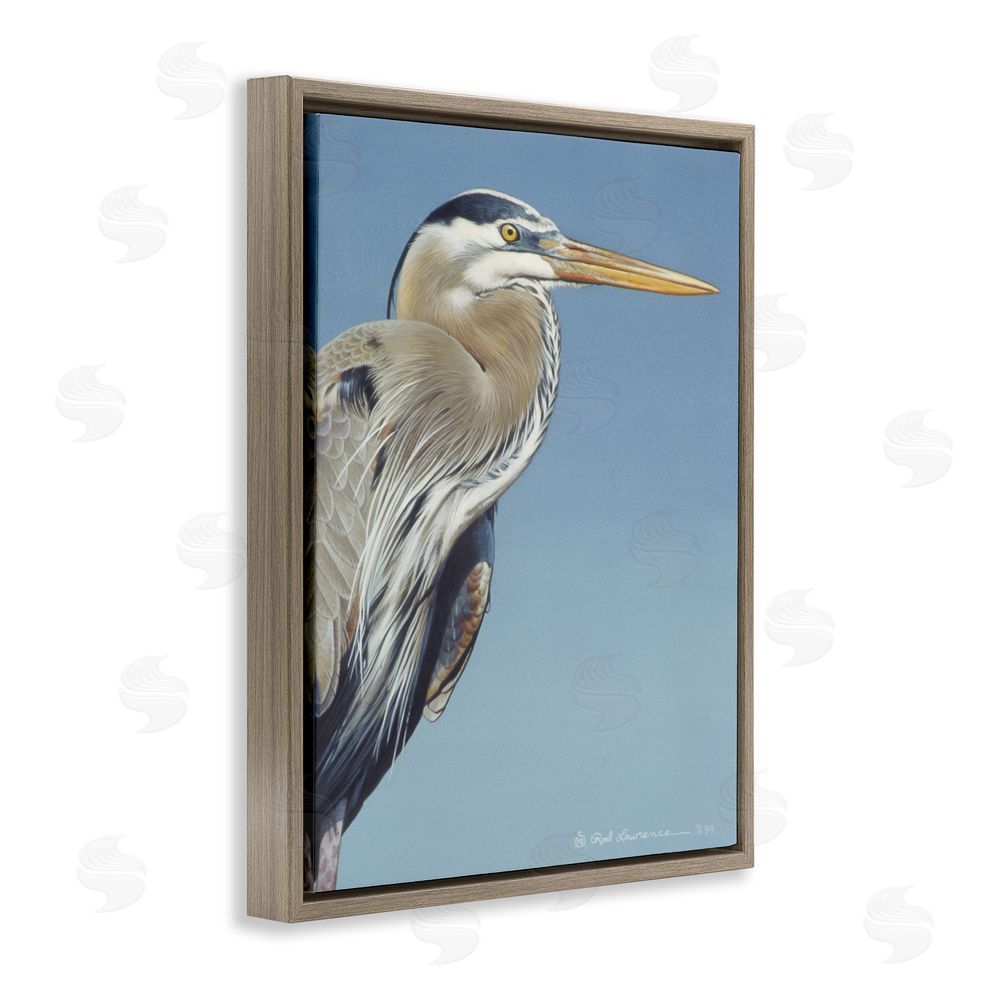 Rod Lawrence Heron Portrait on Blue Brown Floating Frame Canvas Wall Art Print