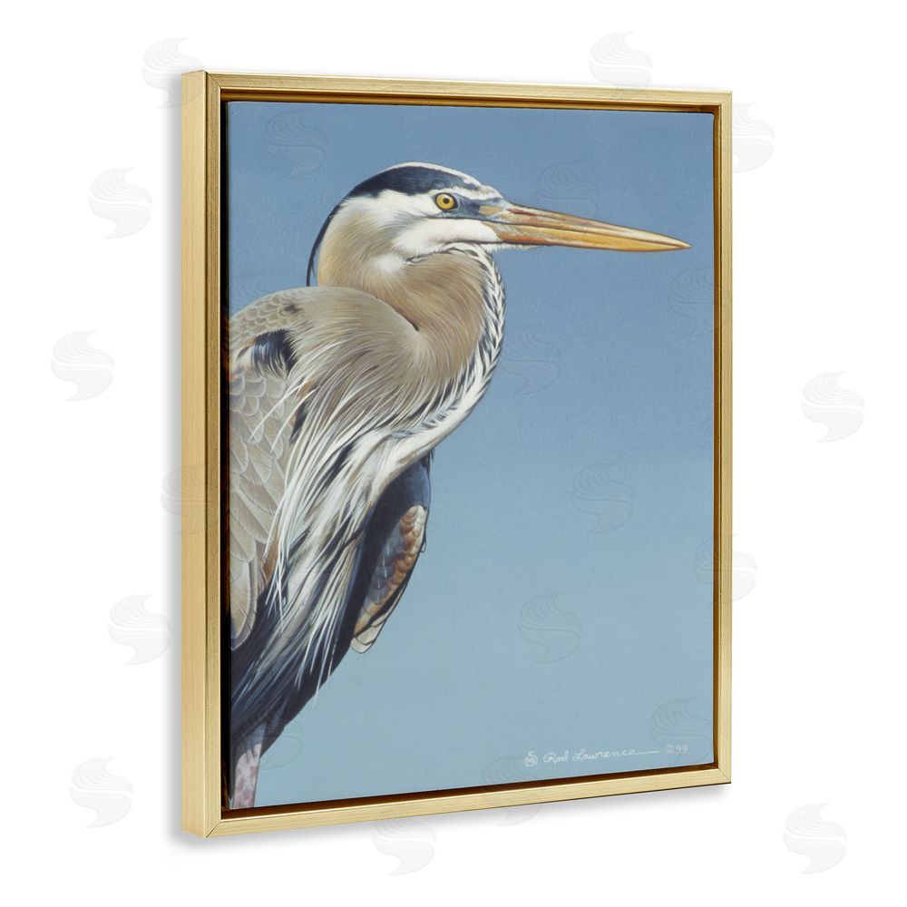 Rod Lawrence Heron Portrait on Blue Gold Floating Frame Canvas Wall Art Print