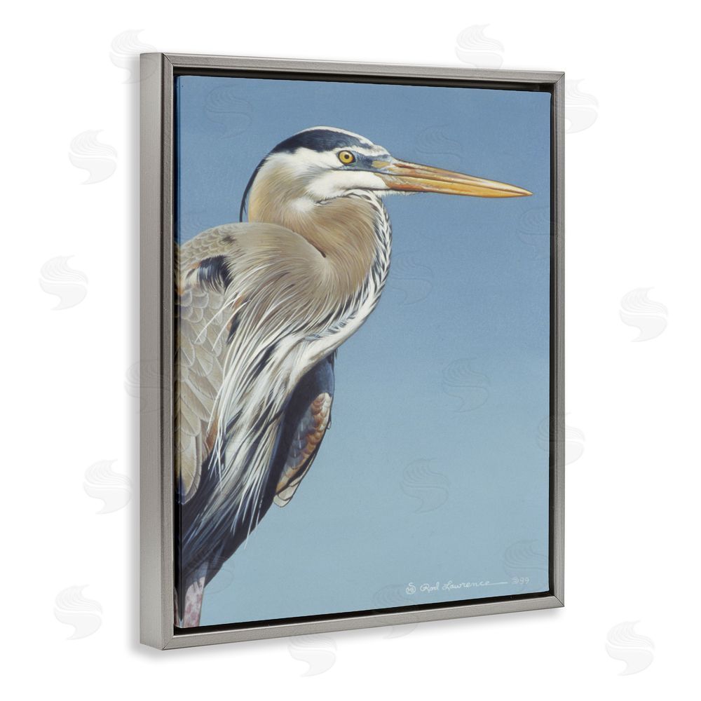 Rod Lawrence Heron Portrait on Blue Grey Floating Frame Canvas Wall Art Print