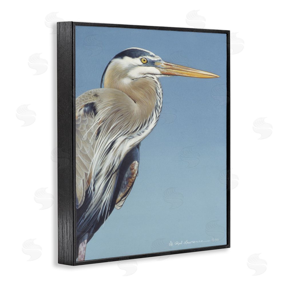Rod Lawrence Heron Portrait on Blue Black Framed Giclee Wall Art Print