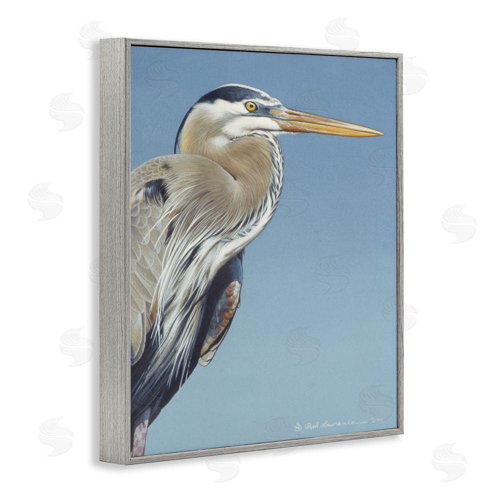 Rod Lawrence Heron Portrait on Blue Gray Framed Giclee Wall Art Print