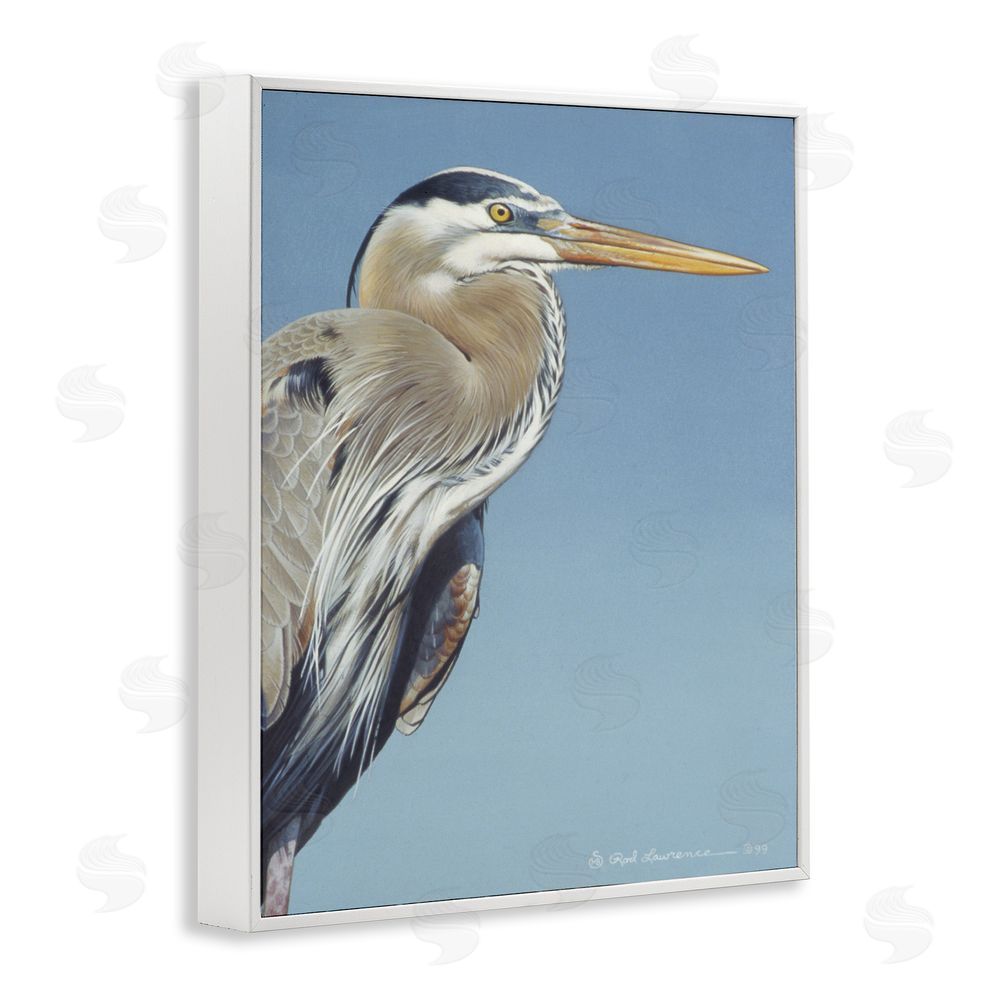 Rod Lawrence Heron Portrait on Blue White Framed Giclee Wall Art Print