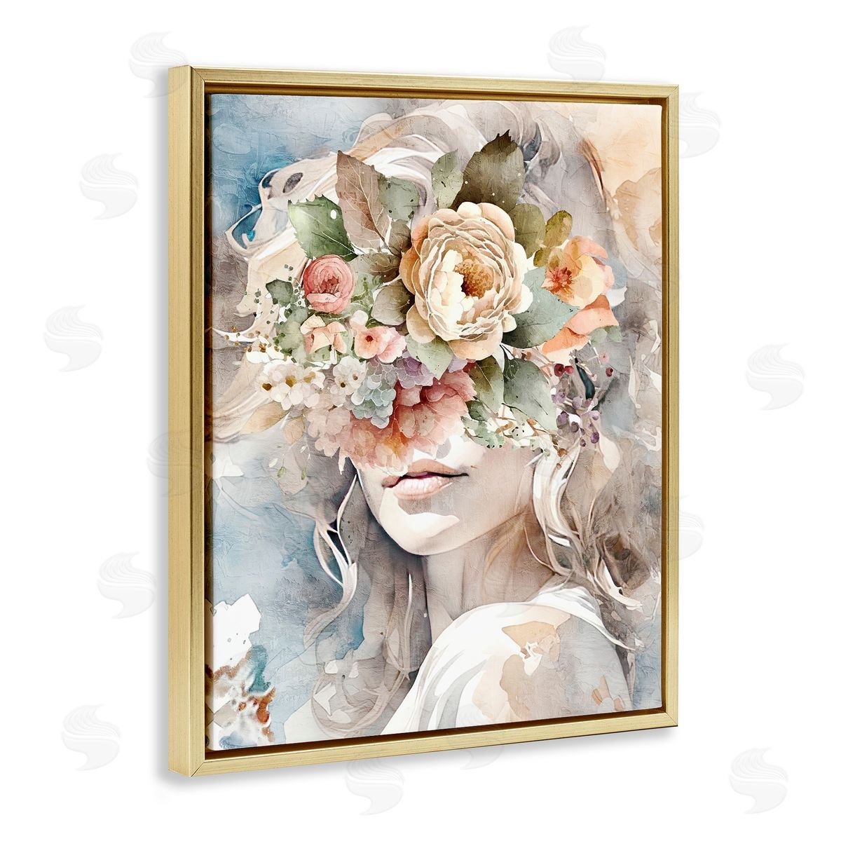 Floral Portrait of Girl Gold Floating Frame Canvas Wall Art, Home Decor by Kim Allen