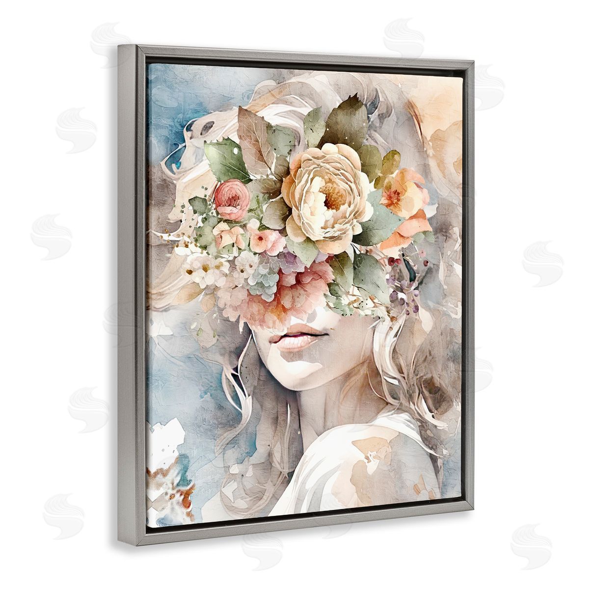 Floral Portrait of Girl Grey Floating Frame Canvas Wall Art, Home Decor by Kim Allen