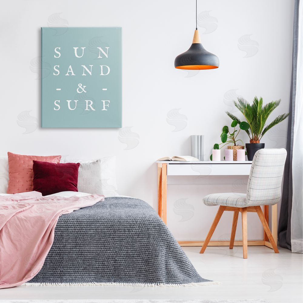 Stupell Studio Sun Sand & Surf Phrase Canvas Wall Art Print in Room