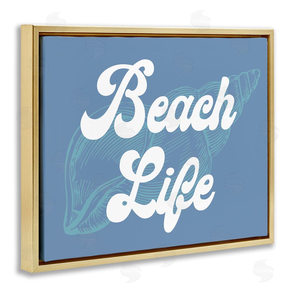 Stupell Studio Retro Beach Life Phrase Gold Floating Frame Canvas Wall Art Print