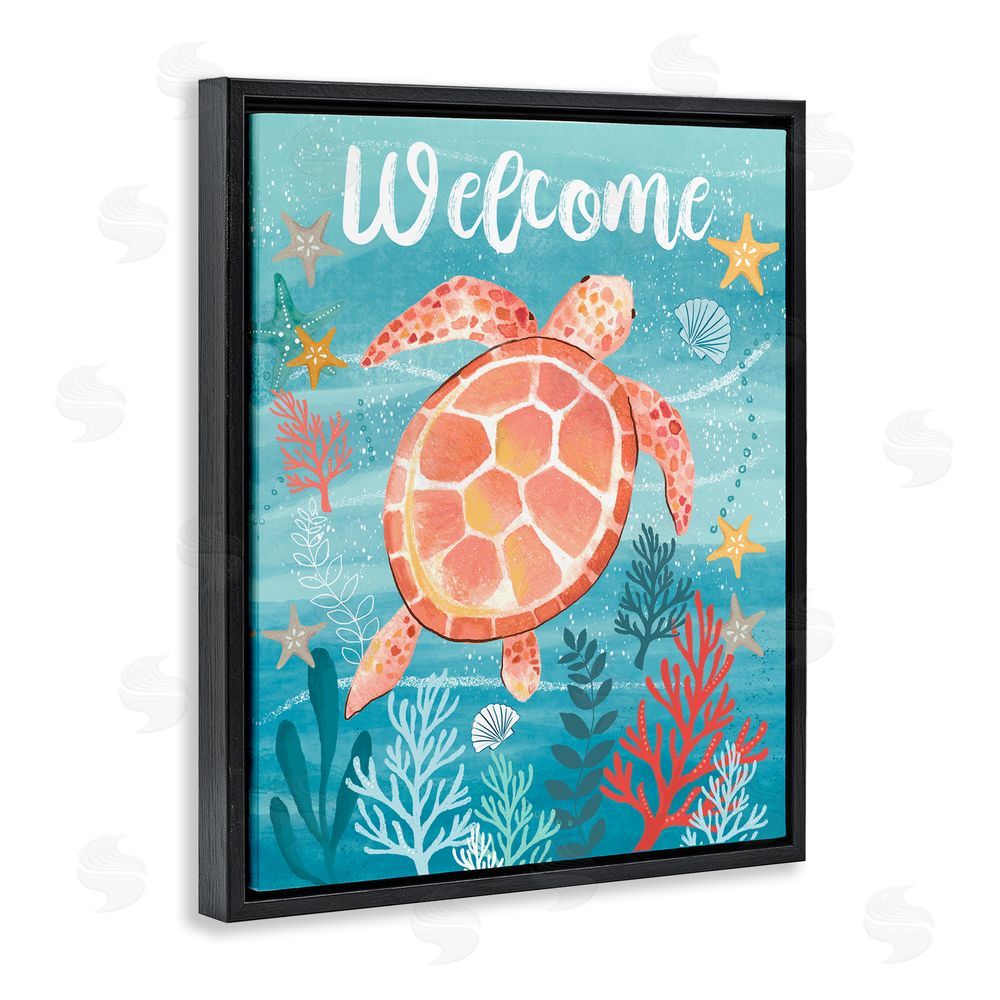 Sharon Lee Welcome Underwater Turtle Scene Black Floating Frame Canvas Wall Art Print