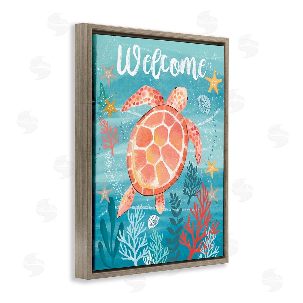 Sharon Lee Welcome Underwater Turtle Scene Brown Floating Frame Canvas Wall Art Print