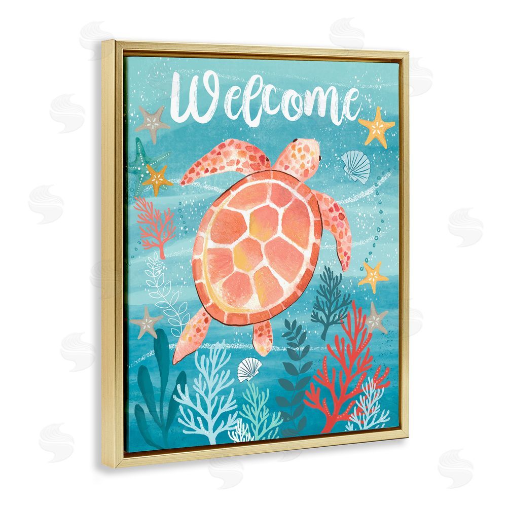 Sharon Lee Welcome Underwater Turtle Scene Gold Floating Frame Canvas Wall Art Print