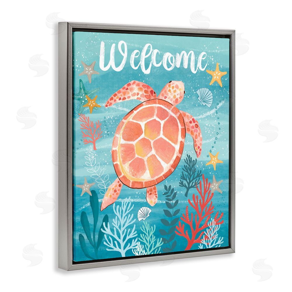 Sharon Lee Welcome Underwater Turtle Scene Grey Floating Frame Canvas Wall Art Print