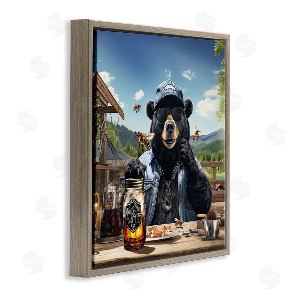 Jim Baldwin Bear at Rustic Campsite Brown Floating Frame Canvas Wall Art Print