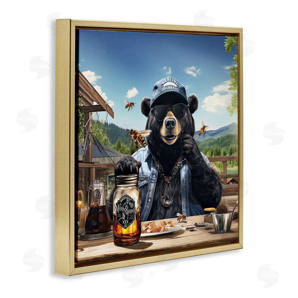 Jim Baldwin Bear at Rustic Campsite Gold Floating Frame Canvas Wall Art Print