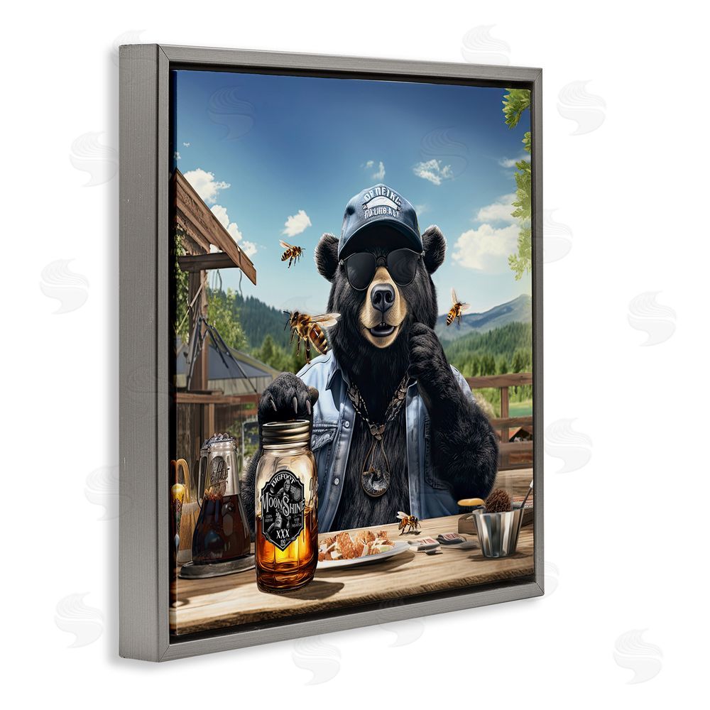 Jim Baldwin Bear at Rustic Campsite Gray Floating Frame Canvas Wall Art Print