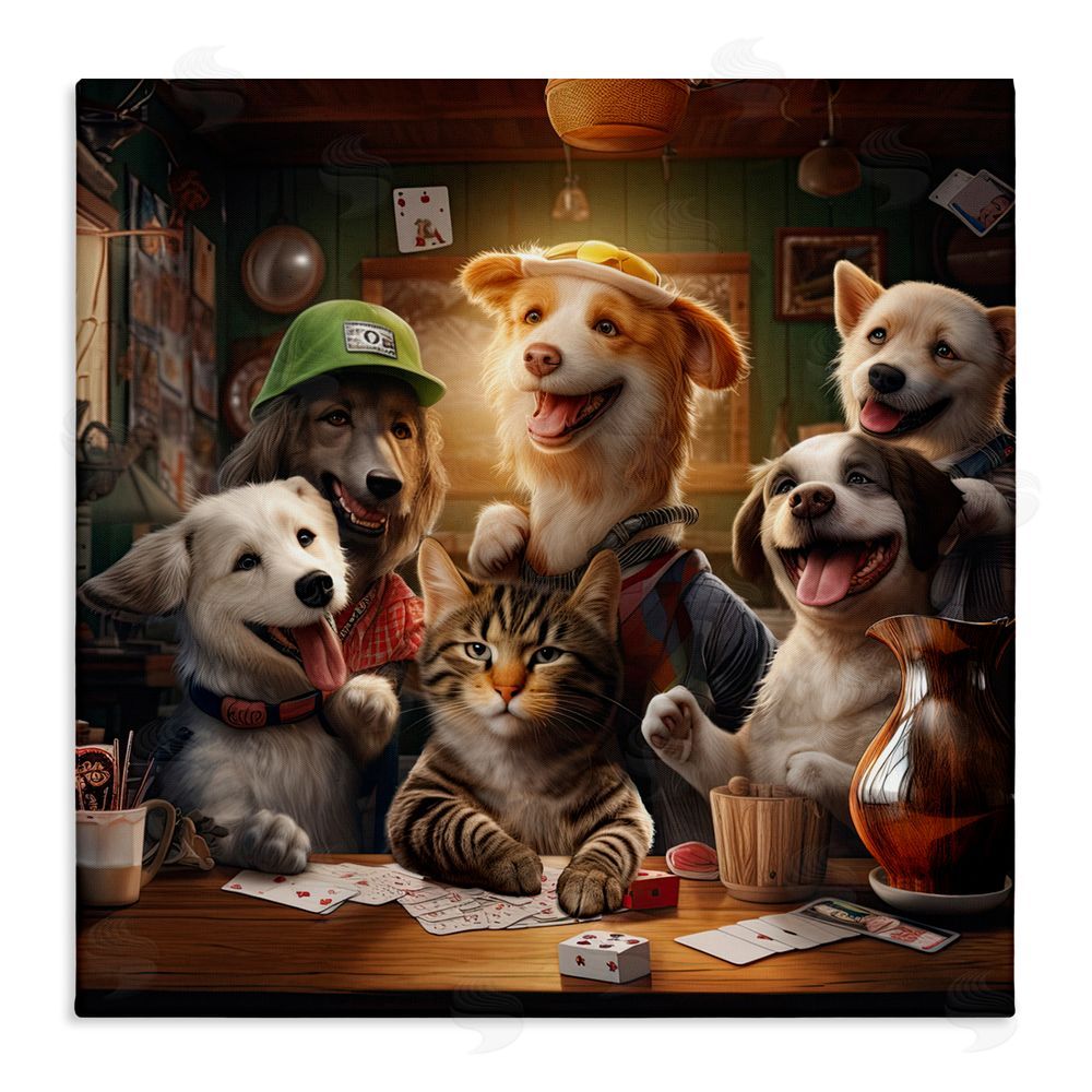 Jim Baldwin Animals Playing Card Games Stretched Canvas Wall Art Print