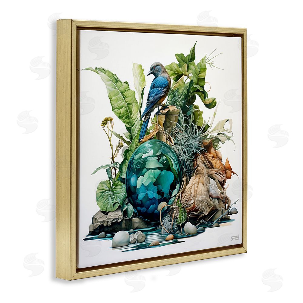 RB Bird with Forest Nature Gold Floating Frame Canvas Wall Art Print
