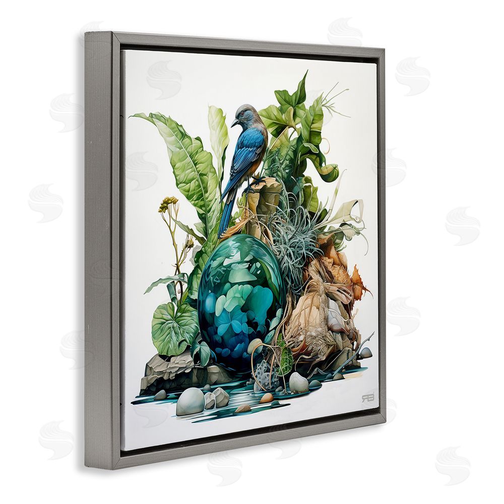 RB Bird with Forest Nature Gray Floating Frame Canvas Wall Art Print