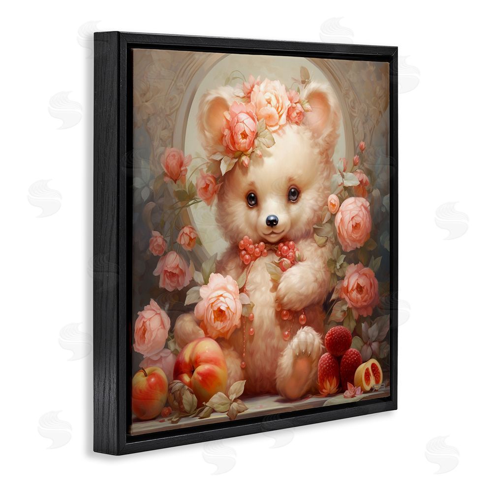 RB Bear with Fruits & Flowers Black Floating Frame Canvas Wall Art Print