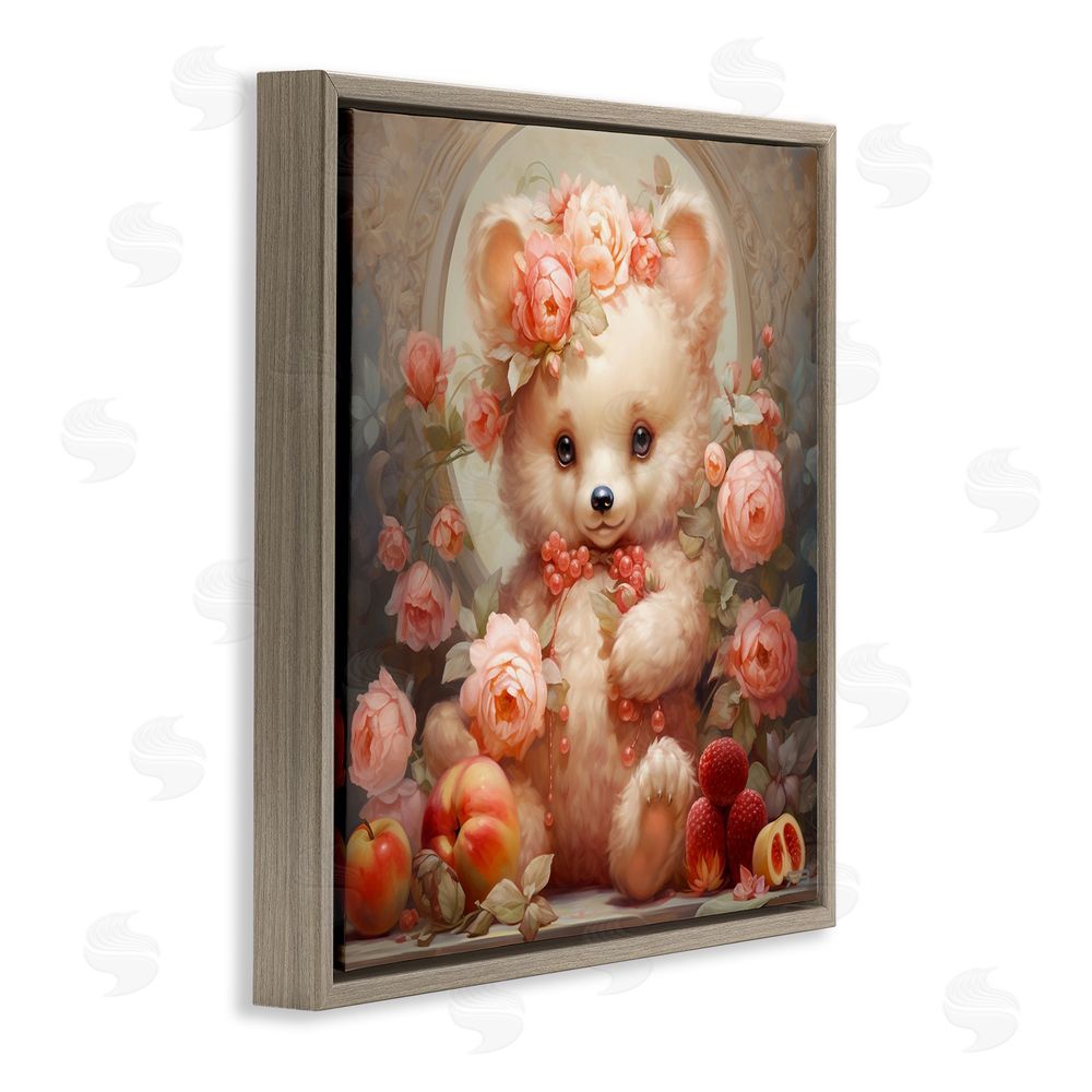RB Bear with Fruits & Flowers Brown Floating Frame Canvas Wall Art Print