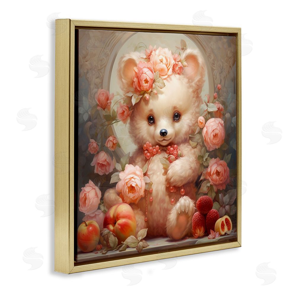 RB Bear with Fruits & Flowers Gold Floating Frame Canvas Wall Art Print