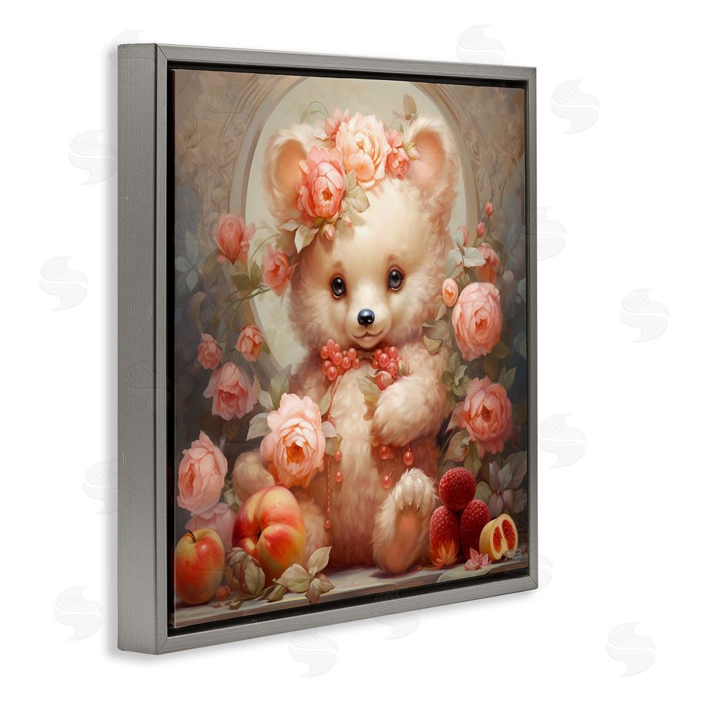 RB Bear with Fruits & Flowers Gray Floating Frame Canvas Wall Art Print