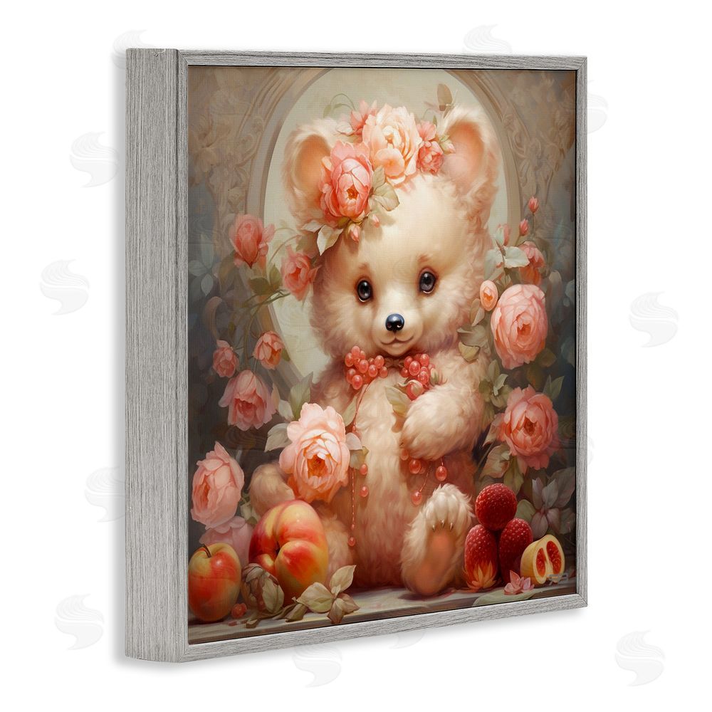 RB Bear with Fruits & Flowers Gray Framed Glicee Wall Art Print